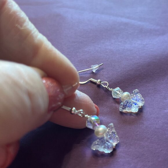 Gorgeous BUTTERFLY, SWAROVSKI CRYSTAL & PEARL Handmade Silver  Earrings #494D - Picture 2 of 3